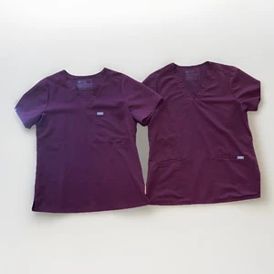 2- Figs Scrub Tops Sz M Technical Collection Burgundy 1 & 2 Pocket V-neck - Picture 1 of 9