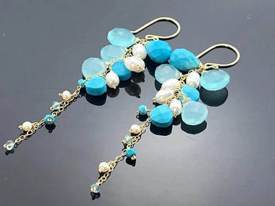 Aqua Chalcedony, Turquoise, Apatite & Pearl Cascade Earrings • 14K Gold Filled • - Image 1 of 4