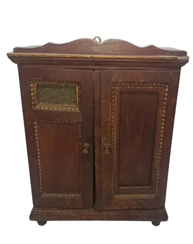 Antique Vintage Wooden Mini Cabinet Jewelry / Storage Box With Glass Window Cover