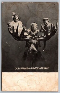 Our Papa Is A Moose Are You Children On Moose Antlers Antique 1910s Postcard J8 - Picture 1 of 2