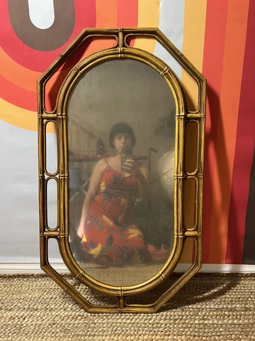 Vintage Mid Century 70s Boho Faux Rattan Large Oval Framed Mirror Cover