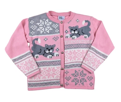 90s VTG Cat Cardigan Sweater Kitty Button Up Acrylic Knit JS Kids Medium 10/12 - Image 1 of 4