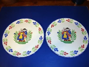 Pair large French hand painted Breton Quimper design plates by Pornic Brittany - Picture 1 of 3