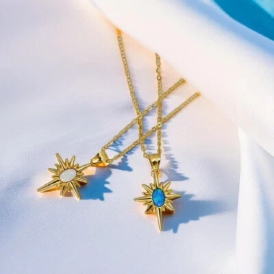 18K Gold Opal Star Necklace, Starburst Pendant, Stackable Necklace, Stylish Gift - Image 1 of 4