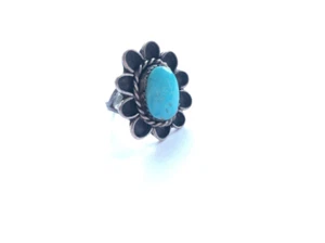 Vintage flower frame sterling silver and turquoise statement ring, size 5 1/4 - Picture 1 of 10