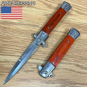 9" Tactical Wood Red Spring Assisted Open Blade Folding Pocket Stiletto Knife - Picture 1 of 5