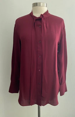 Theory Maroon Red Tie Neck Long Sleeve Button Up Silk Top sz Small New NWT - Imagem 1 de 4