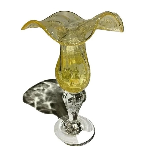 VTG Saba Bio Candlestick 7"  French Art Glass Bubble Clear Yellow Open Flower 7" - Image 1 of 4