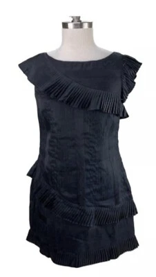 Frock! Tracy Reese | Size 0 | Linen Silk Asymmetrical Pleats Little Black Dress - Image 1 of 4