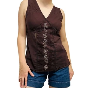 Vintage Blouse Tank Brown Fairy Embroidered Y2K 90s Boho Earthy Summer Medium - Picture 1 of 5