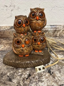 Vintage MCM Ceramic Owl Family Lamp Orange Eyes Brown - Picture 1 of 14