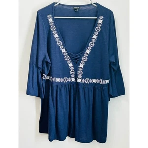 Torrid Blue Embroidered Lace Up V-Neck 3/4 Sleeve Babydoll Top - Picture 1 of 3