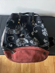 Lucky Brand Backpack Tote Purse, Canvas, Suede, Leather, Floral, Red & Black - Picture 1 of 10