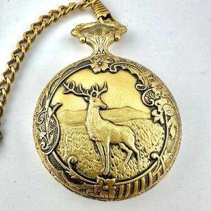 Vintage Majestron Pocket Watch Deer Stag&Hound Dogs Gold Tone - Has New Battery - Picture 1 of 10