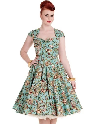 Hell Bunny Dress Womens S teal Sugar Skull Knee Length Gothic Rockabilly Pinup  - Image 1 of 4