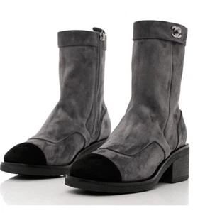 CHANEL Suede Calfskin Cap ToeShort Boots 40 Dark Grey/Black - Picture 1 of 12
