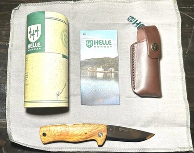 Helle Dokka Folding Knife 3.25" Blade, Curly Burch Handles/Leather Sheath - Image 1 of 4