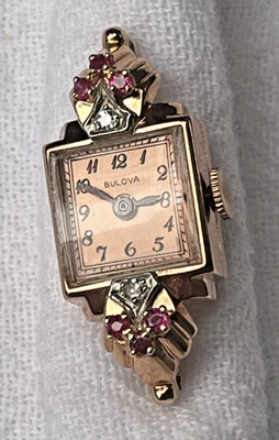 14K SOLID ROSE GOLD BULOVA ART DECO WATCH RUBIES & DIAMONDS    FREE SHIPPING - Image 1 of 4