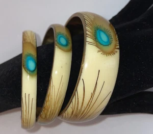 3 Bracciali Piuma di Pavone Acquerello Beige Blu Smalto Stile BOHO Braccialetti - Foto 1 di 6
