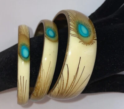 3 Pulseras Plumas de Pavo Real Acuarela Beige Azul Esmalte Estilo BOHO Brazaletes Foto 1 de 4