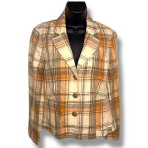 Size 6 Petite Kasper Linen Plaid Blazer Yellow Orange Brown Button Front - Picture 1 of 14