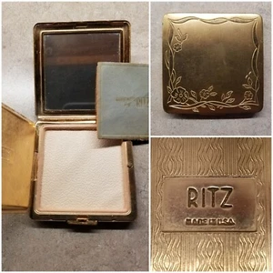 Vintage 3.25" Brass Floral "Compact by RITZ" - Hinged Powder Compartment & Pad - Picture 1 of 9