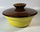 Vintage California Pottery Yellow Two Tone Bowl W/ Brown Lid Usa