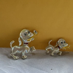 Vtg Luster Enamel Pair Of Dogs With Bones Pins Brooches Kids Fun - Picture 1 of 6
