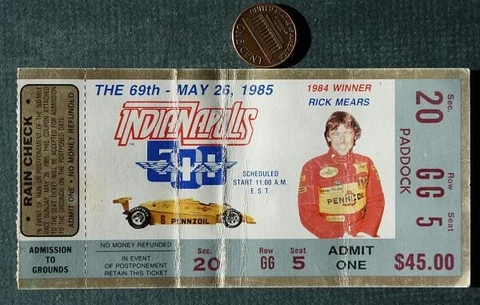 1985 Indianapolis Motor Speedway Indy 500 Race ticket Danny Sullivan Rick Mears! Cover