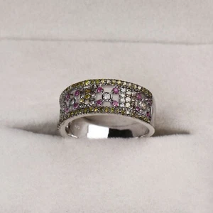 Ruby and Yellow Sapphire Diamond Anniversary Band Ring 14k White Gold Plated - Picture 1 of 7