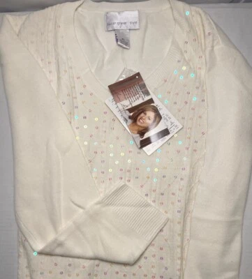 Susan Graver Cable Knit Sweater, cashmere Feel. Cream With Pink Sequins. XL - Image 1 of 4