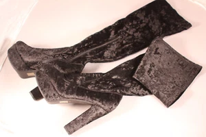 CRUSHED VELVET BLACK THIGH HIGH BOOTS WOMENS PLATFORM - Used once - Picture 1 of 5