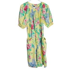 Vintage Models Coat House Dress Womens 12 Yellow Floral Snap Up Robe Shift USA - Picture 1 of 8