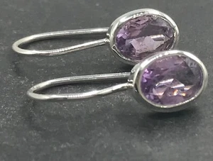 Amethyst oval drop earrings solid Sterling Silver 8 x 6mm. Faceted. Rigid. Box. - Picture 1 of 8