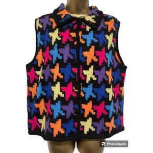 Vintage Belle Pointe Wollweste XL Strickjacke Pullover Color Block Regenbogen 100% Wolle - Bild 1 von 7