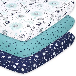 Space 3 Pack Print Microfiber Fitted Pack n Play Playard Sheet Set- Blue & White - Picture 1 of 9