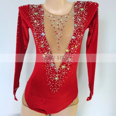 Women Girl Costume Rhythmic Gymnastics Leotard Competition Aerobics Red Dance - Image 1 of 4