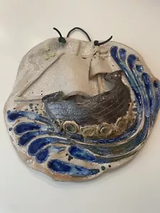 Vintage Studio Pottery Signed Handmade Hanging Wall Plaque Boat On Sea Glazed - Picture 1 of 10