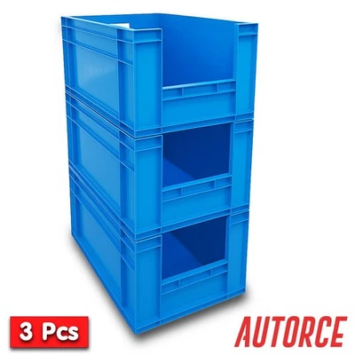 3x 66L Euro Crate Open Front Stackable Plastic Storage Boxes Blue Grey 600x400mm - Image 1 of 4