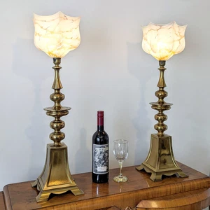 SUPERB Pair of Large Vintage Brass Column Lamps Glass Shades Art Deco 1950s Huge - Picture 1 of 18