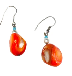 VINTAGE ORANGE GLASS FREEFORM BEADS DROP DANGLE EARRINGS FAUX PEARL ACCENTS - Picture 1 of 8