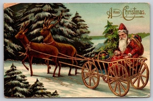 Santa Claus in Gold Cart Pulled by Two Reindeer, Snowy Woods, Christmas Postcard - Picture 1 of 2