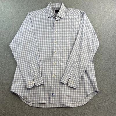 Camisa de vestir David Donahue para hombre 16 34/35 azul blanco a cuadros manga larga con botones Foto 1 de 4