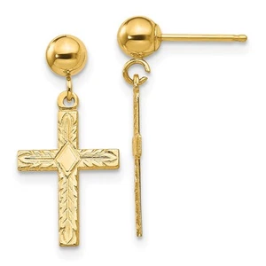 14k Yellow Gold Polished & Textured Cross Drop & Dangle Earrings 0.81gm L-21 mm - Picture 1 of 4