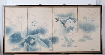 Pantalla plegable japonesa Byobu Bluebirds, plantas y flores años 70 4 paneles G+ TLC Foto 1 de 4