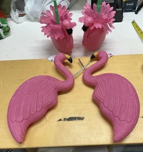 2 Plastic Flamingo Yard Decorations & Two Flamingo Cups - Picture 1 of 5