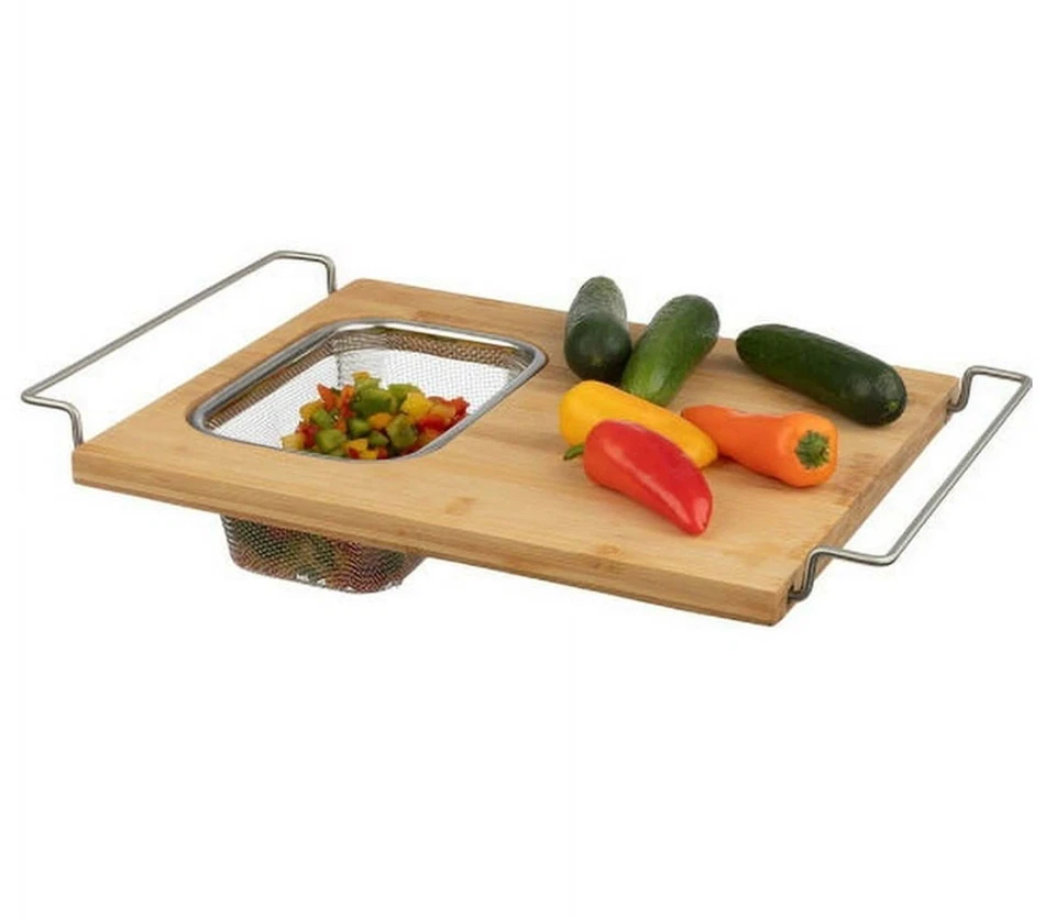 Over The Sink Bamboo Cutting Board Expandable Removable Strainer Wash Tray - Image 1 of 4