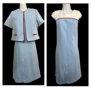 Vintage 60er Sears Kleid & Jacke Set Gr. 12 blau weiß Nadelstreifen roter Besatz Mod Poly - Bild 1 von 11