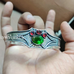 Diopside & Faceted Garnet Gemstone 925 Sterling Silver Cuff Bangle For Partner - Picture 1 of 6