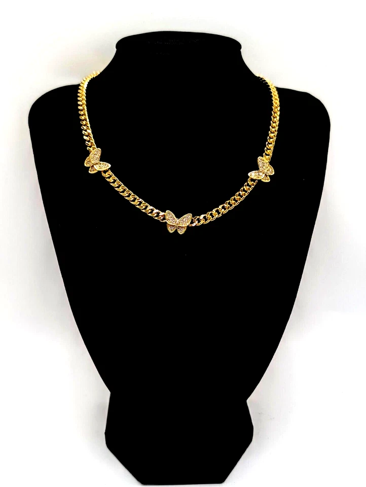 Collar de cadena cubana enchapado en oro de 14K con 3 mariposas brillantes, 18+2"" Foto 1 de 1